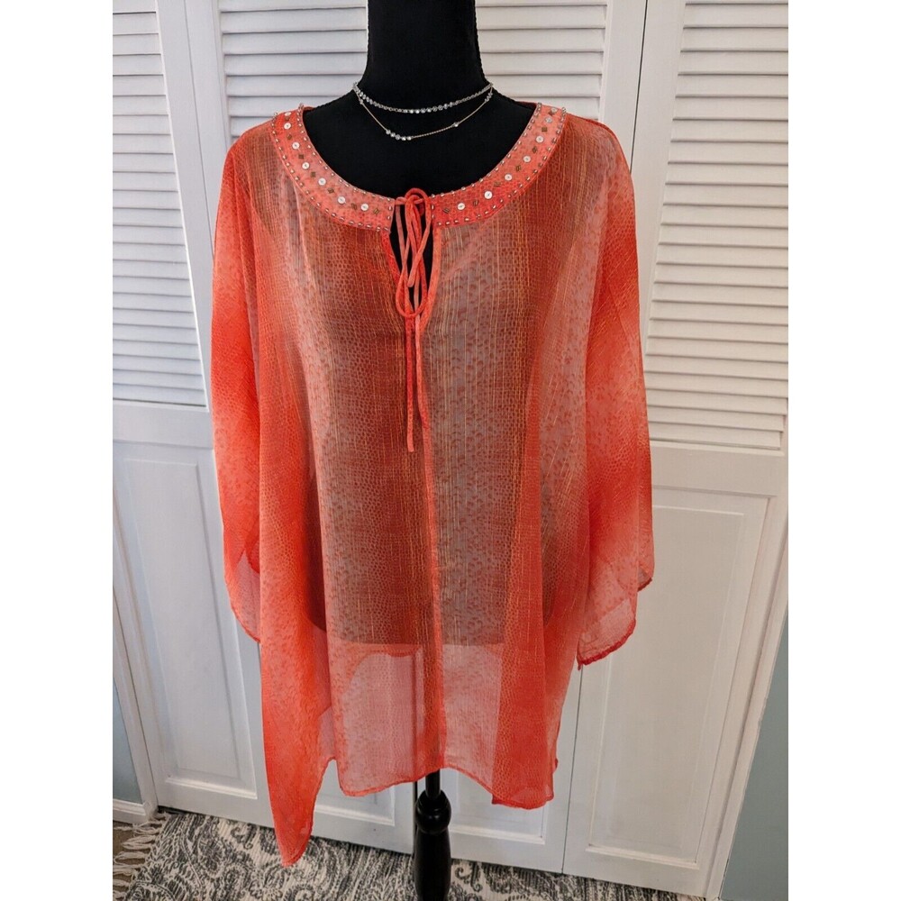 Jaclyn Smith Tunic Womens 3X Sheer Tie Top Sequins Orange Geo Flounce Romantic